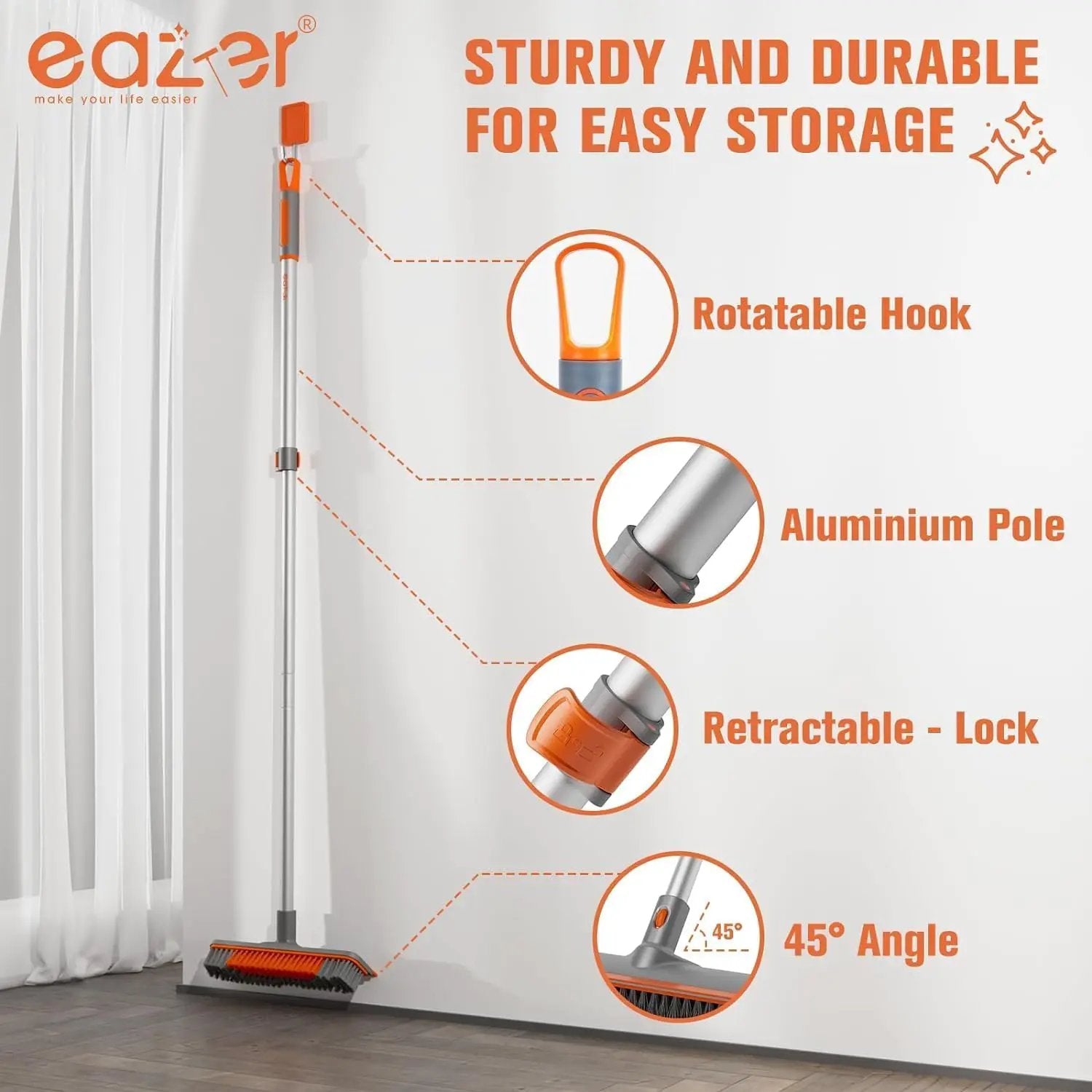 Eazer Floor Scrubber Brush, 2-in-1 Deck Scrubber Brush with Long Handle, Soft & Hard Bristle Brush for Cleaning Concrete, Squeegee Broom for Floor,Bathroom Garage,Kitchen,Wall,Tile and Swimming Pool by GreenHaven Gardens