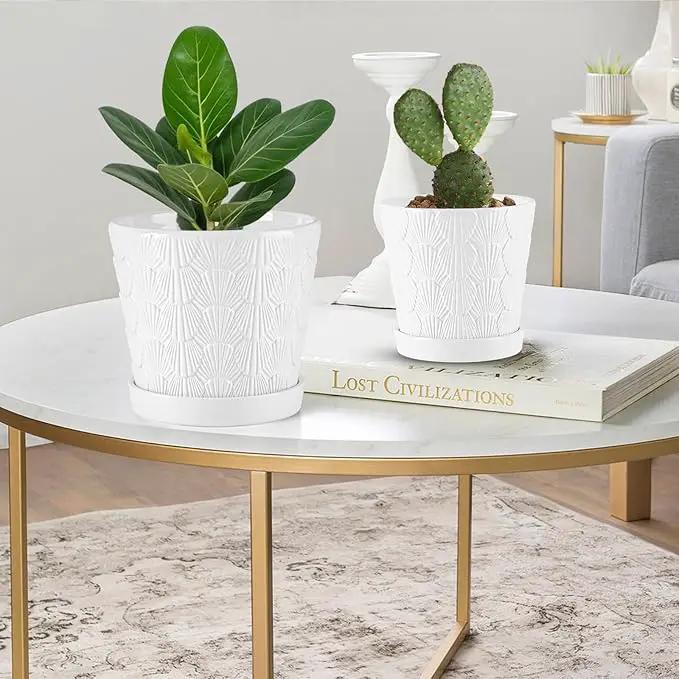 EFISPSS Ceramic Plant Pots, 5+6 Inch Pots for Indoor Plants, Planters with Drainage Holes and Tray, Modern Flower Pots Gardening Home Desktop Office Windowsill Decoration Gift Set of 2 - White by GreenHaven Gardens