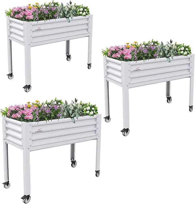 A ANLEOLIFE 3-Set Galvanized Raised Garden Bed with Legs,48x24x35in Large Elevated Planter Box on Wheels with Drainage Holes for Backyard, Balcony, Patio, 600lb Capacity, Antique White by GreenHaven Gardens
