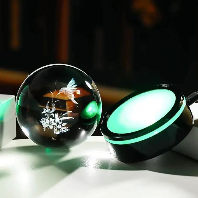 YWHL 3D Hummingbird Figurine Crystal Ball with Light Base, Hummingbird Gifts for Women Men on Christmas Birthday, 3D Laser Engraved Hummingbird Ornament Glass Decorative Ball for Home Office (80mm) by GreenHaven Gardens