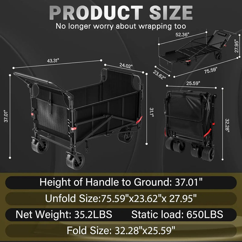 LEVELEVE Heavy Duty Folding Wagon - 2-in-1 Collapsible Cart, 650lb Capacity, All-Terrain Wheels w/Brakes & Side Pockets (Black) by GreenHaven Gardens