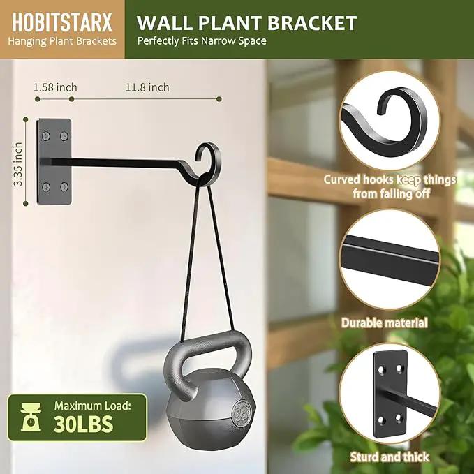 Heavy Duty Plant Hangers Outdoor- Hand-Forged Hanging Plant Brackets - 2 Pack 12 Inch Black Wrought Iron Wall Plant Hooks for Hanging Plants, Lanterns, Bird Feeders by GreenHaven Gardens