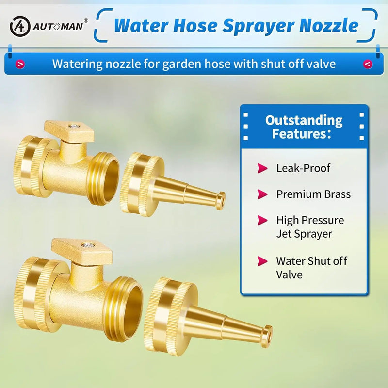 AUTOMAN Brass Hose Nozzle - High Pressure Jet Nozzle 4 Count (2 Set), Heavy Duty Water Hose Sprayer Sweeper with Hose Shutoff Valve, 3/4” GHT Nozzles for Garden Hose, Car Wash, Extra 10 Rubber Washers by GreenHaven Gardens