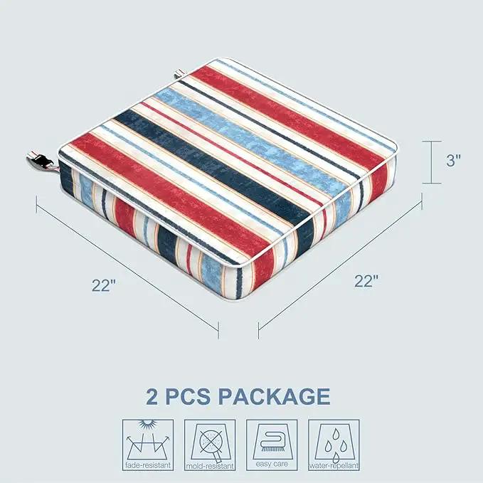 LVTXIII Patio Chair Cushions 22"x22"x3", Water-Repellent Outdoor Seat Cushions for Patio Furniture, Square Chair Pads with Ties for Home Garden Decoration, Set of 2, Stripe Red Blue by GreenHaven Gardens