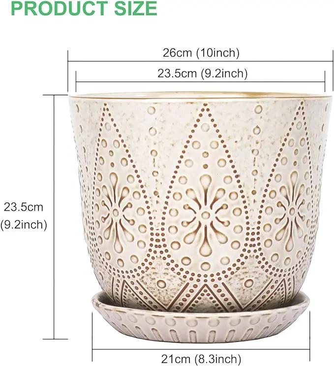 Gepege 10 Inch Plant Pot, Creamy White Ceramic Planter with Drainage Holes and Saucers for Plants Indoor and Outdoor Flower Pot by GreenHaven Gardens
