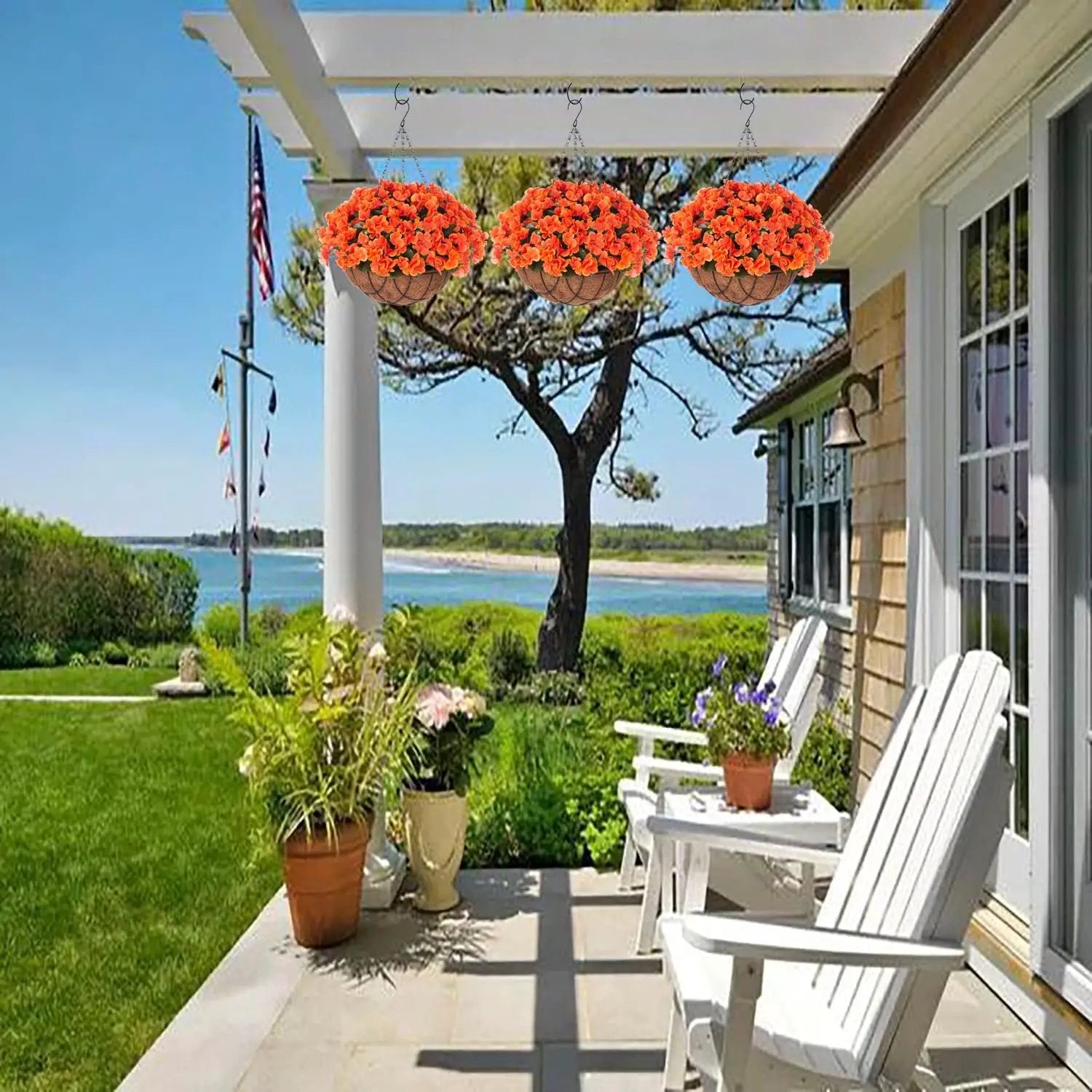 Fall Artificial Flowers with Hanging Basket for Outdoor Indoor, 4 Branches Fake Hydrangea Flowers in Coconut Lining Hanging Basket Home Courtyard Spring Summer Decor(Orange) by GreenHaven Gardens