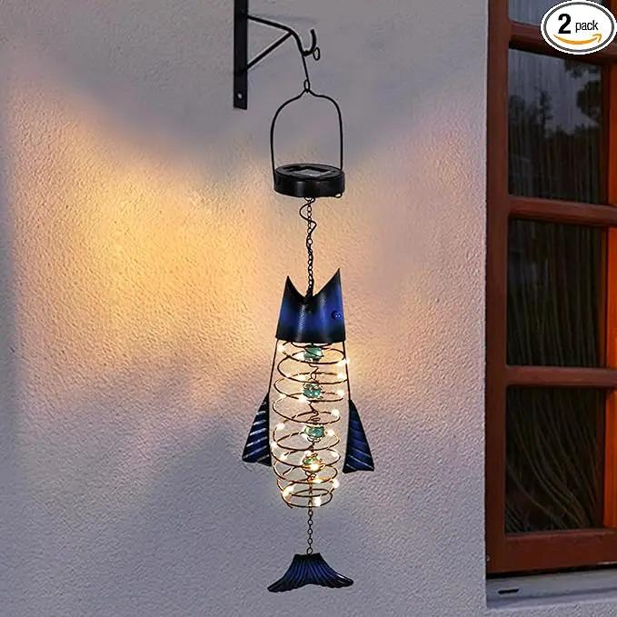 HONGLAND 2 Pack Solar Lantern Outdoor - Metal Fish Hanging Decoration - Waterproof Warm LED Lights Outside - Unique Gifts for Garden Man Women Holiday Days, Birthdays, Attractive Addition to Yard Art by GreenHaven Gardens