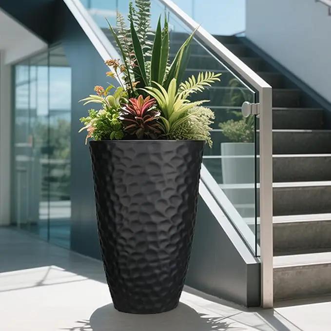 Worth Garden 24" H Tall Hammered Texture Planters Set of 2 - Matte Black Plastic Flower Pot with Drainage Holes, Modern Outdoor Indoor Lightweight Pots for Large Plants, Durable Decor Containers by GreenHaven Gardens