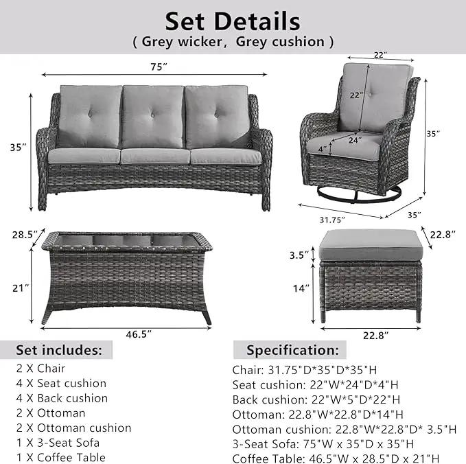 Wicker Outdoor Furniture Patio Furniture Set - 6 Piece Patio Conversation Set with Swivel Rocker Chairs, Rattan Sofa, Ottomans and Coffee Table, Gray Cushion by GreenHaven Gardens