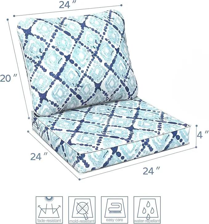 LVTXIII Outdoor Deep Seat Cushion Patio Seat and Back Cushion Set Seasonal Chair Cushion with Removable Cover and Adjustable Buckle for Home and Garden, 24"x24"x4", Boho Geometry Blue by GreenHaven Gardens