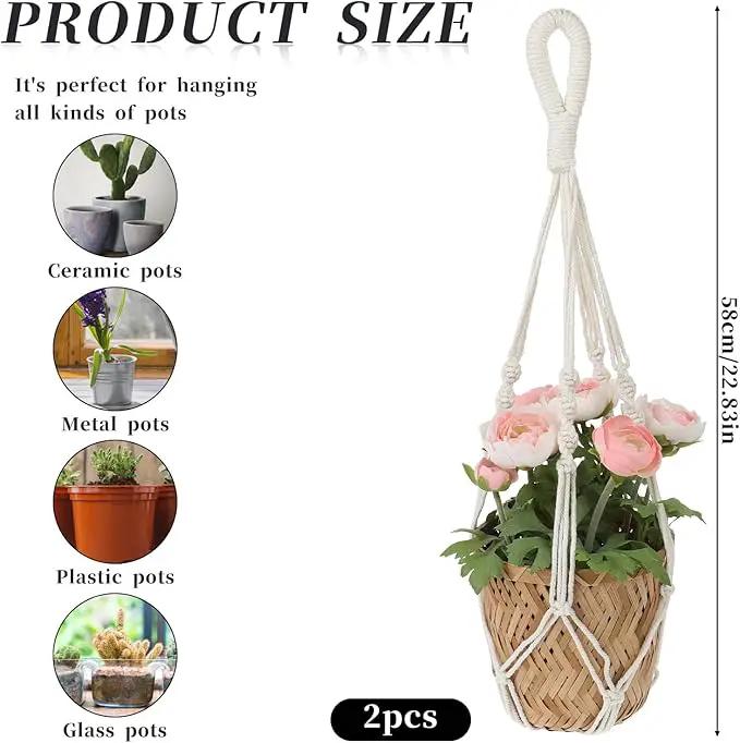 2 PCS Macrame Plant Hanger Indoor Hanging Plant Holder Hand-Woven Cotton Rope Flower Pot Basket with Metal Hook Rings Window Plant Hanger for Outdoor Hanging Pots Home Boho Decor, No Tassels, 23.6" by GreenHaven Gardens