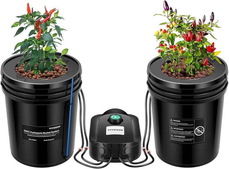 VIVOSUN DWC Hydroponics Grow System with Top Drip Kit, 5-Gallon Deep Water Culture, Recirculating Drip Garden System with Multi-Purpose Air Hose, Air Pump, and Air Stone (2 Buckets + Top Drip Kit) by GreenHaven Gardens