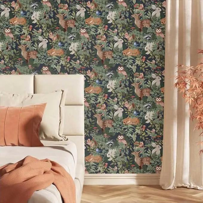 Animal Leaf Forest Deer Rabbits Squirrel Owl Green Plants Peel and Stick Wallpaper Self Adhesive Removable Easy Peel Off Contact Paper Stick on Wall Paper for Bedroom&Renter by GreenHaven Gardens
