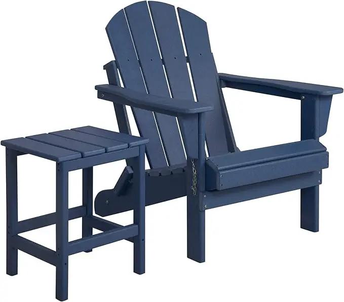 WO Home Furniture Adirondack Chair Table Set of 2 PCS Outdoor Folding Chair w Side Table Weather/UV Resistant for Lawn, Garden, Bon Fire, Balcony (Navy Blue) by GreenHaven Gardens
