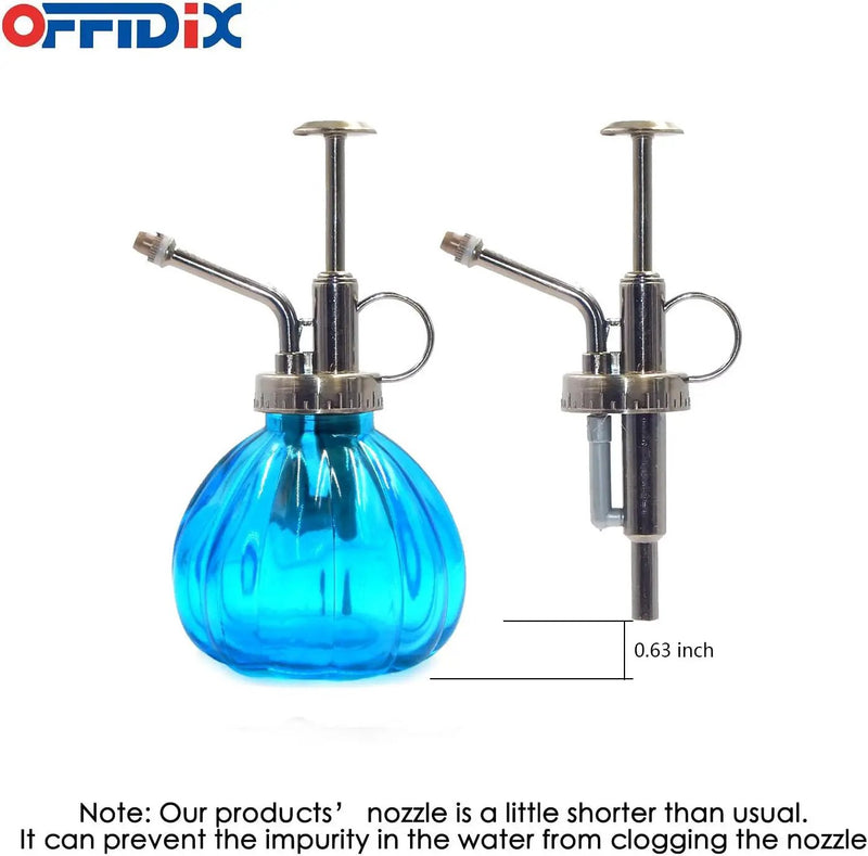 OFFIDIX Glass Watering Spray Bottle, 6.3" Tall Vintage Style with Bronze Plastic Top Pump One Hand Watering Can Spray Bottle (Light Blue) by GreenHaven Gardens