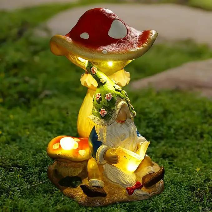 Upgraded Size Solar Garden Outdoor Statues Gnome Reading Under Mushroom with 5 LED Solar Figurine for Lawn,Patio,Balcony,Yard Decor Unique Housewarming Gift for Grandfather, Father,Grandma,Wen by GreenHaven Gardens