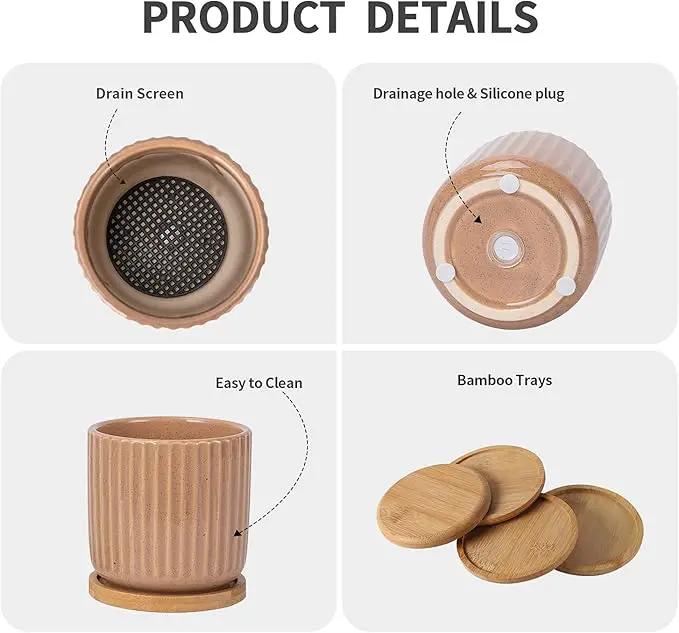 TAMAYKIM 4 Inch Cylinder Ceramic Boho Plant Pots with Drainage Hole and Saucer, Glazed Multicolor Flower Pots for Succulent, Snake Plant, Cactus and Herbs, Set of 4 (Plant Not Included) by GreenHaven Gardens
