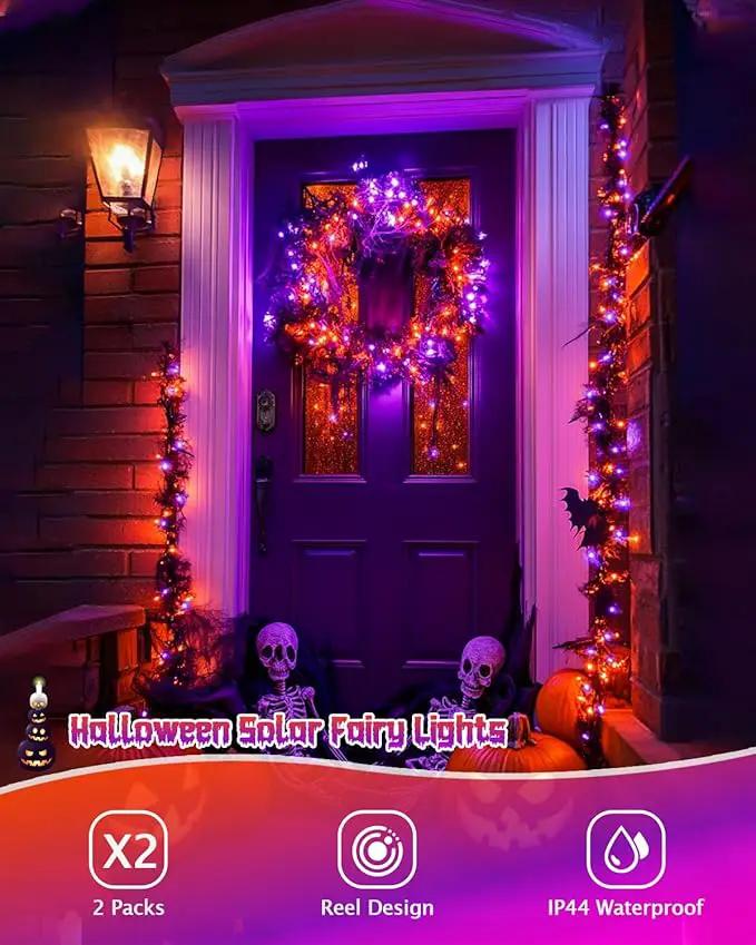JMEXSUSS 2 Pack Solar Halloween Lights, Total 66FT 200 LED Orange and Purple Halloween Lights Outdoor Waterproof, 8 Mode Black Wire Solar String Lights for Tree Yard Spooky Party Halloween Decorations by GreenHaven Gardens