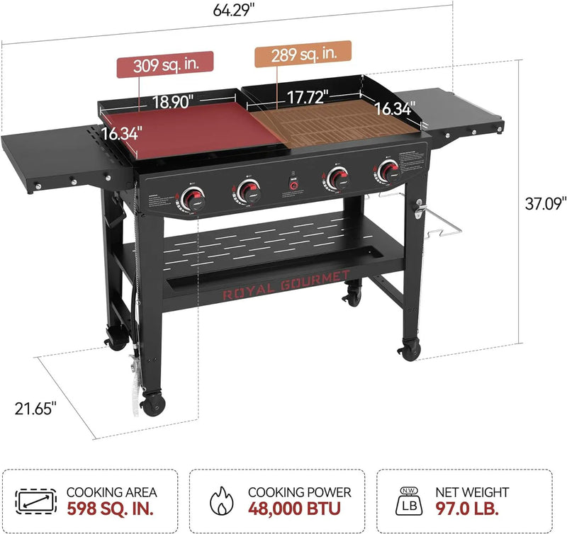Royal Gourmet GD405A 4 Burner Propane Gas Grill and Griddle Combo with Grilling Gear Set, Griddle Grill Combo with Foldable Side Tables for Outdoor Cooking While Camping or Tailgating, Black by GreenHaven Gardens
