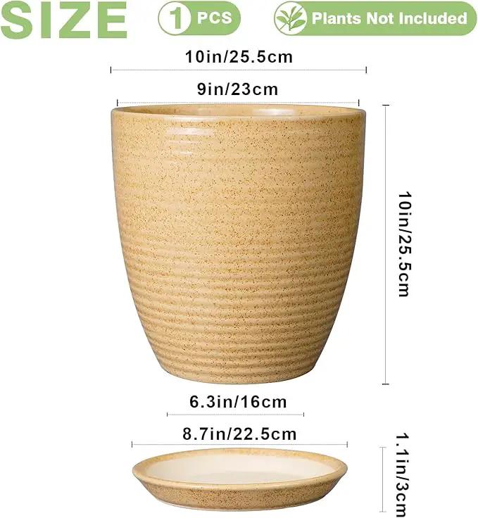 Ceramic Pot for Plants - 10 Inch Plant Pot with Drainage Hole and Saucer Outdoor Planter for Indoor Plants Round Flower Pot for Home Patio Garden Office Yellow by GreenHaven Gardens