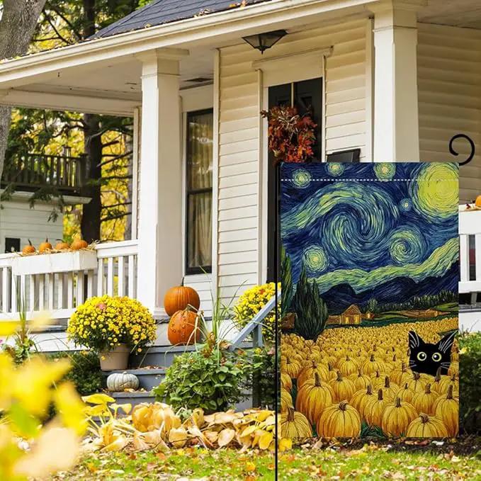 BLKWHT Fall Pumpkin Cat Garden Flag 12x18 Vertical Double Sided Blue Sky Autumn Thanksgiving Holiday Outside Decorations Burlap Yard Flag BW825 by GreenHaven Gardens