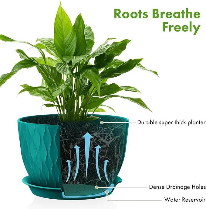 Plant Pots 12/10/9 Inch Pots, Set of 3 Plastic Planters with Drainage Holes and Saucers,Plastic Flower Pots,Nursery Planting Pot for Indoor Out Door Plants（Teal） by GreenHaven Gardens