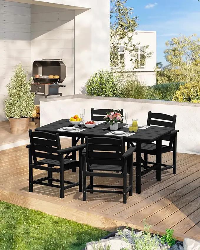 Patio Dining Set for 4 with Umbrella Hole - 66" Outdoor Table & 4 Chairs, All-Weather HDPE Outdoor Furniture for Lawn, Garden, Backyard, Poolside, Black by GreenHaven Gardens