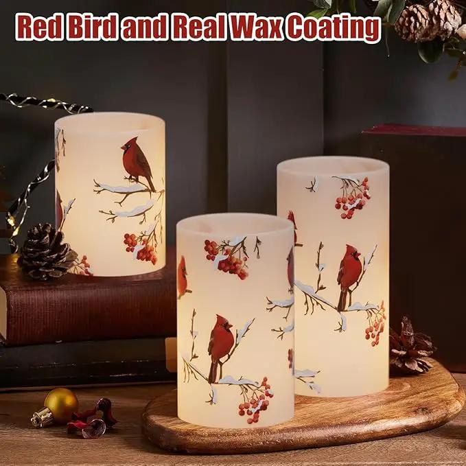Cardinal Flameless Candles, 3 Pack LED Flickering Pillar Candles with Red Bird Decals, Real Wax Cardinal Home Decor for Halloween Christmas Decor(D3” x H4”5”6”) by GreenHaven Gardens