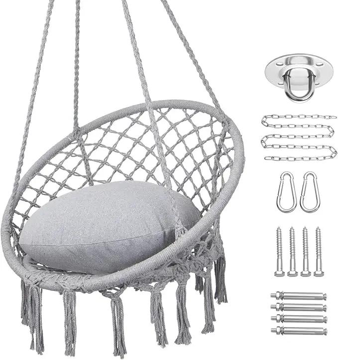 Y- STOP Hammock Chair Macrame Swing, Max 330 Lbs, Hanging Cotton Rope Hammock Swing Chair for Indoor and Outdoor Use, Light Grey by GreenHaven Gardens