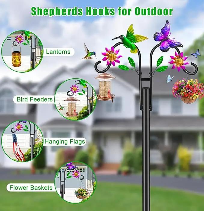 Double Shepherds Hooks for Outdoor, 78 Inch Artistic Hummingbird & Flower Design, 5 - Prong Base, Ideal for Bird Feeders, Baskets & Lanterns (2 Pack) by GreenHaven Gardens