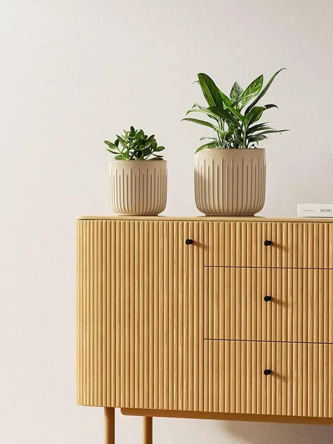 LE TAUCI Fluted Ceramic Planters Set of 3 – 8.3/7 / 5.7 in Cloud Cream Reactive Cylinder Indoor Plant Pots with Drainage Plug & Mesh, Glossy Stoneware Flower Pots for Succulents Herbs by GreenHaven Gardens
