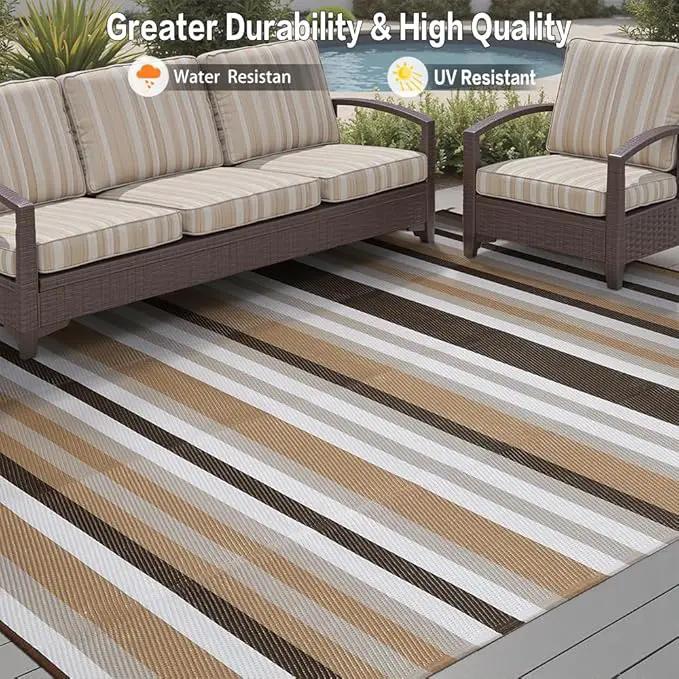 Outdoor Waterproof Rug 6'x9' Plastic Straw Rugs Washable Reversible Floor Mat Brown Stripe Carpet for Camping RV Deck Entryance Porch Picnic Balcony Beach Backyard by GreenHaven Gardens