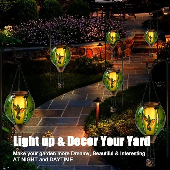 St Patricks Hot Air Balloon Solar Lantern - Simulated Flickering Flame Patrick's Shamrock Glass Lantern, Outdoor Hummingbird Hanging Yard Light for St Patty's Day Patio Porch Decor Clover Gfit by GreenHaven Gardens