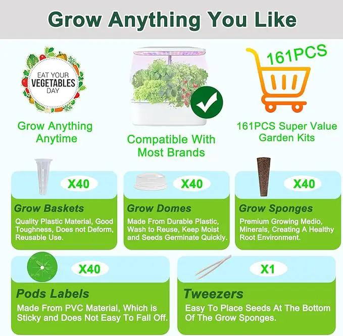 161PCS Hydroponic Pod Kit for Aerogarden and All Brands Growing System, Grow Anything Kit with 40 Grow Sponges, 40 Grow Baskets, 40 Grow Domes, 40 Pod Labels, 1 Tweezer, Herb Garden Planter Indoor Kit by GreenHaven Gardens