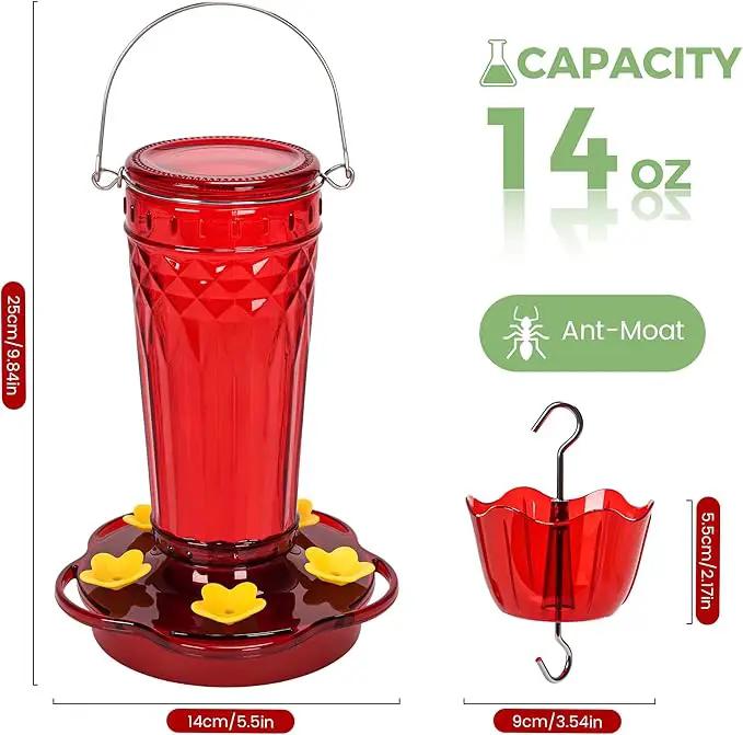 Hummingbird Feeder 2pack-14Ounces，5 Feeding Ports Glass Hummingbird feeders for Outdoors,Wide Mouth for Easy Filling/Cleaning，Hanging for Garden Backyard Decor, Includes Ant Moat (Red) by GreenHaven Gardens