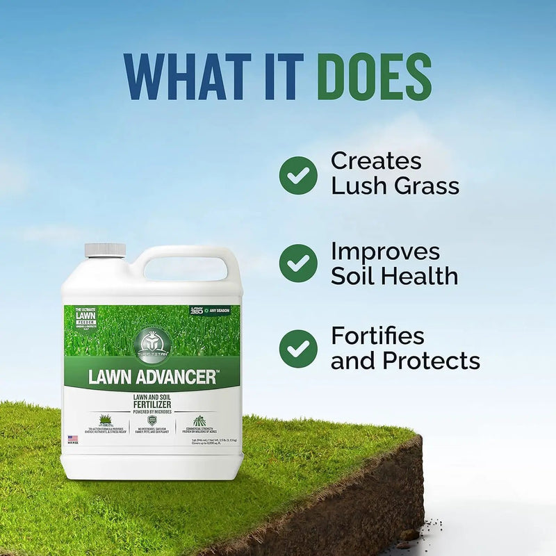 Turf Titan Lawn Advancer – Green Lawn Booster and Lawn Fertilizer (1 Gallon) – Fast Acting Grass Fertilizer w/Tri-Action Formula – Fertilizer Concentrate for Grass Growth - Covers up to 32,000 Sq Ft by GreenHaven Gardens