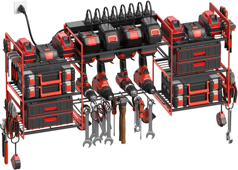 CCCEI Red Power Tool Organizer Wall Mount, Large Tools and Battery Storage Rack Charging Station Individual Switches. Drills Holder, Garage Utility Shelves with 6FT Power Strip. Gift for Men. by GreenHaven Gardens