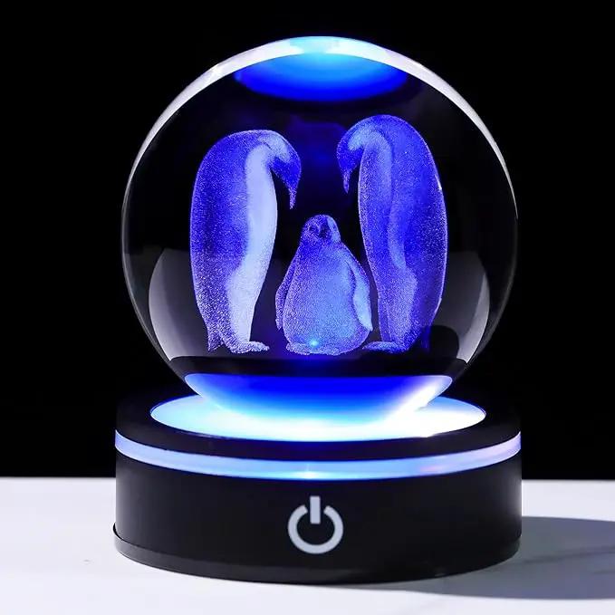 YWHL 3D Crystal Ball Penguin Figurine with LED Base Laser Penguins Gifts for Women Men on Christmas Birthday Decorative Penguin Statue Ball Glass Animals Globe Night Light for Home Decor (80mm) by GreenHaven Gardens