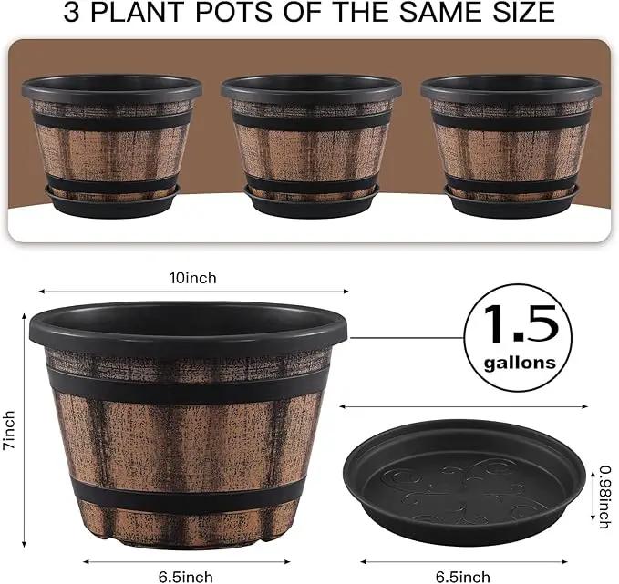 Quarut 3 Pack 10 inch Plant Pots,Whiskey Barrel Planters with Drainage Holes & Saucer, Plastic Decoration Flower Pots Imitation Wine Barrel Design, for Indoor & Outdoor Garden Home Plants (Brown) by GreenHaven Gardens