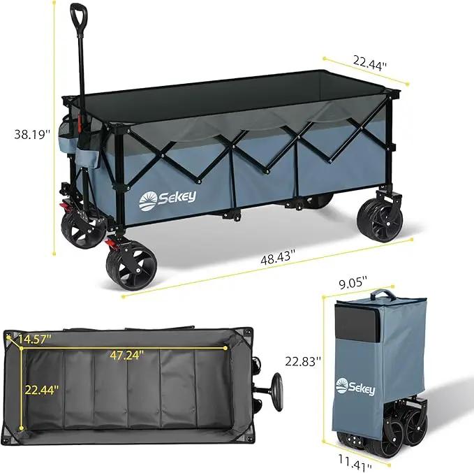 Sekey 48''L Collapsible Foldable Extended Wagon with 440lbs Weight Capacity, Heavy Duty 300L Folding Utility Garden Cart with Big All-Terrain Beach Wheels & Drink Holders. Blue&Grey by GreenHaven Gardens
