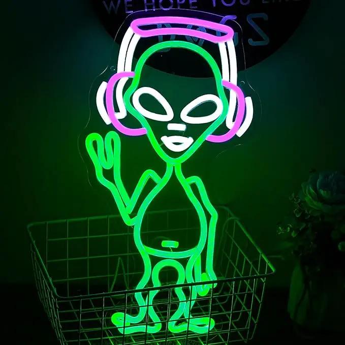 Alien Neon Sign for Wall Decor - Green Music Neon Light Dimmable Cool LED Light Up Sign for Music Studio, Game Room, Party, Bar, Man Cave Decoration by GreenHaven Gardens