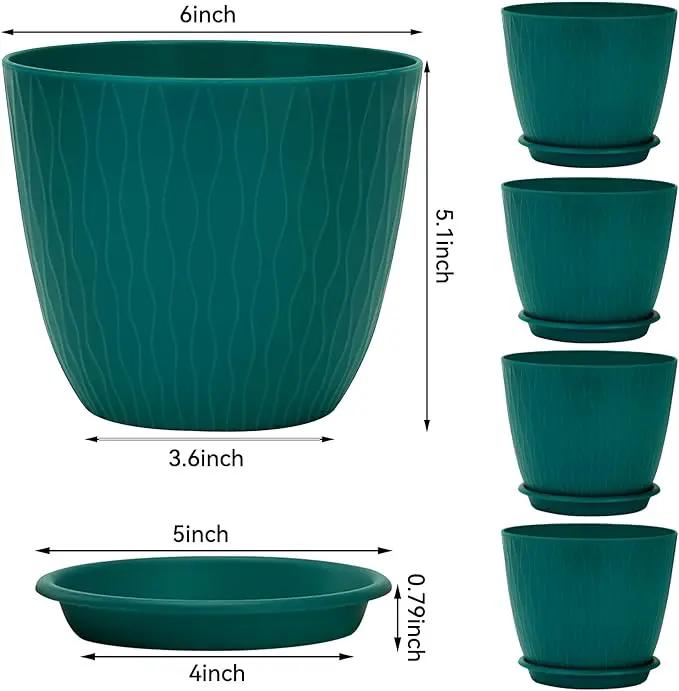 Plant Pots – 6 Inch Planters with Drainage Holes and Saucers, Flower Pots for Indoor and Outdoor Plants, Nursery Planting Pots (Pack of 5, Teal) by GreenHaven Gardens
