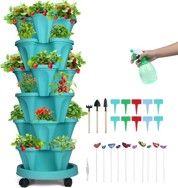 Vertical Planter, 6 Tier Stackable Strawberry Planter with Garden Tool Set, Movable Indoor/Outdoor Garden Herb Pot for Growing Vegetables and Succulents, Teal by GreenHaven Gardens