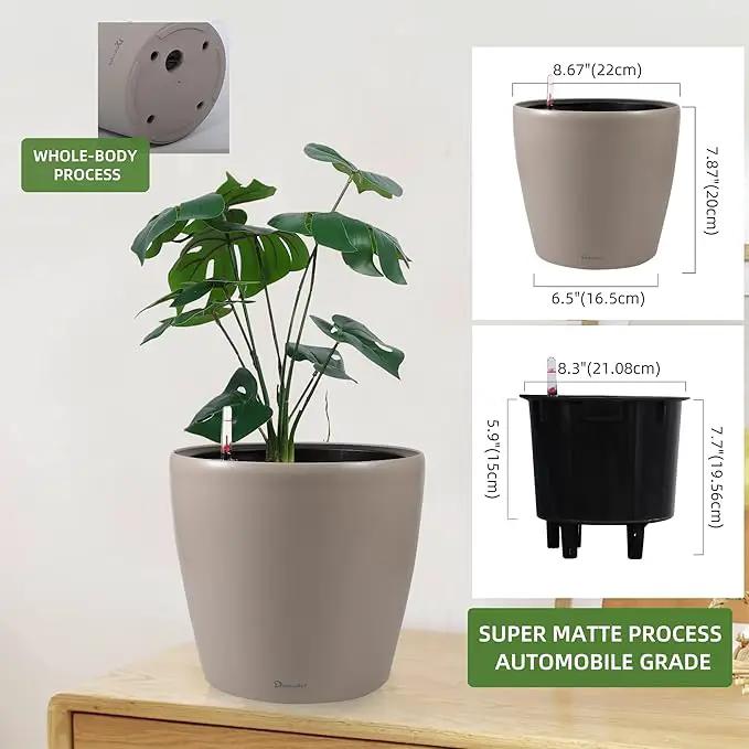 Dexceder 9x8 Inches Self Watering Planter Indoor Outdoor, Inner Pot Design, Thickened Table Flower Plant Pot with Water Level Indicator (Taupe Matte) by GreenHaven Gardens