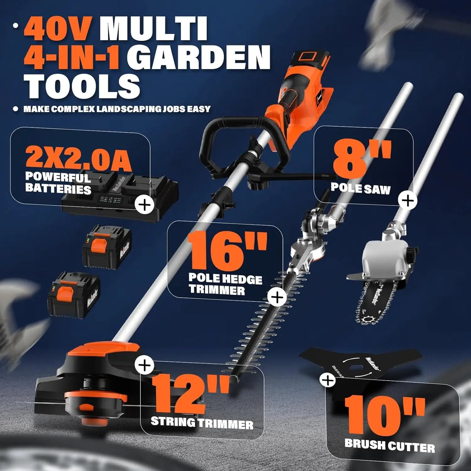 MAXLANDER 40V Hedge Trimmer, Weed Wacker Cordless, 8" Electric Pole Saw and Brush Cutter Blade, 4-in-1 Multi Garden Tools with 2 * 20V 4.0Ah Batteries and 1*Charger by GreenHaven Gardens