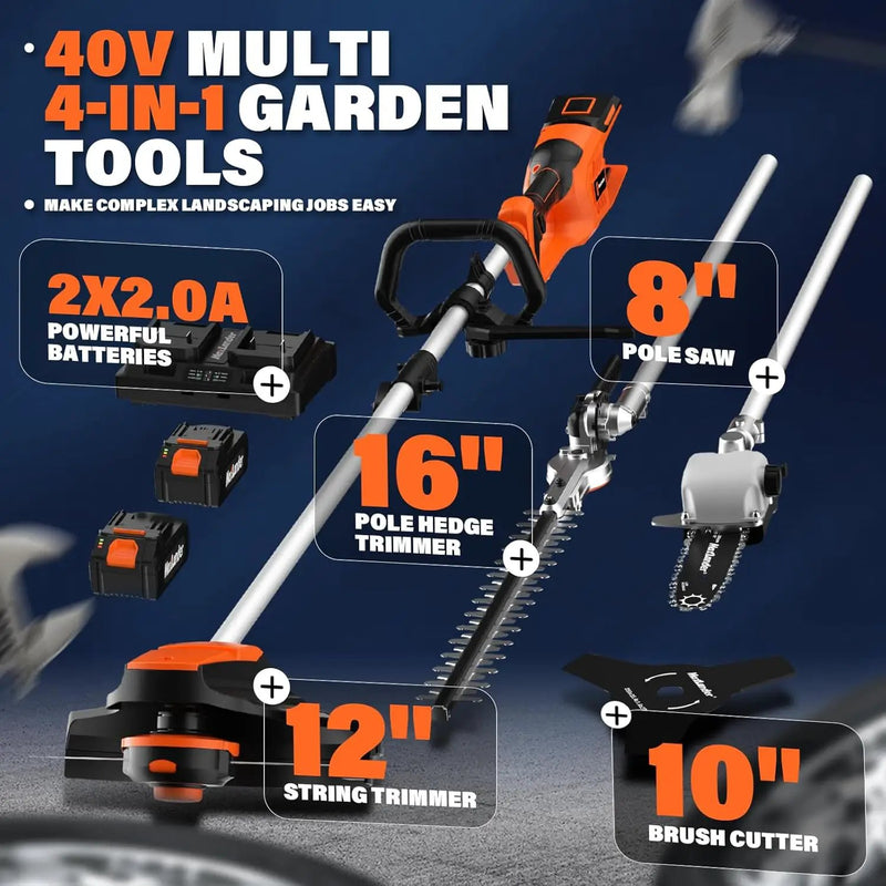 MAXLANDER 40V Hedge Trimmer, Weed Wacker Cordless, 8" Electric Pole Saw and Brush Cutter Blade, 4-in-1 Multi Garden Tools with 2 * 20V 4.0Ah Batteries and 1*Charger by GreenHaven Gardens