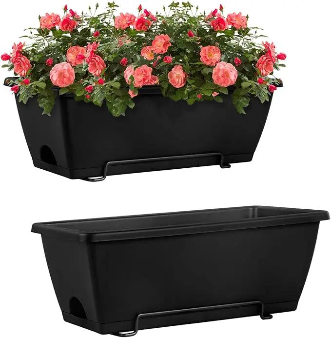 HAITRAL Hanging Planters for Outdoor Plants,Deck Railing Planter Boxes Countryside Style Window Boxes Planters, Balcony Flower Pots Plastic Railing Planter with Metal Brackets for Fence,Black 2 Pcs by GreenHaven Gardens