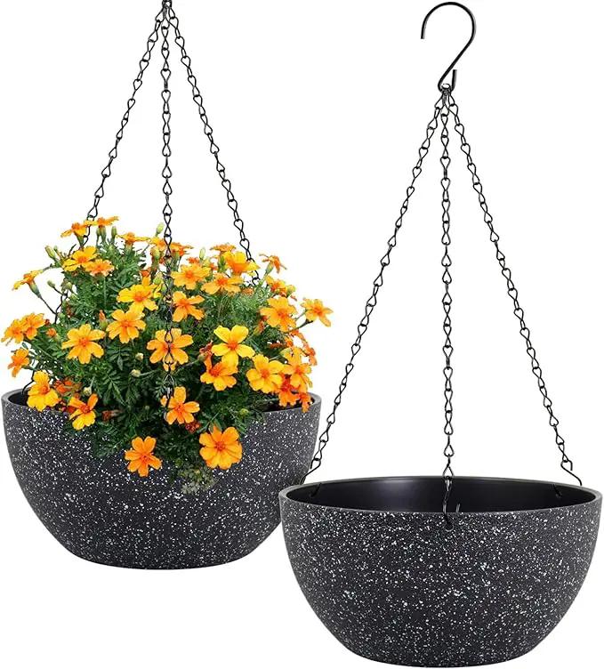 12 inch Large Hanging Planters for Indoor Outdoor Plants, 2 Pack Hanging Flower Pots with Drainage Holes and Chain for Garden Porch, Plastic Hanging Baskets for House Plants, Speckled Black by GreenHaven Gardens