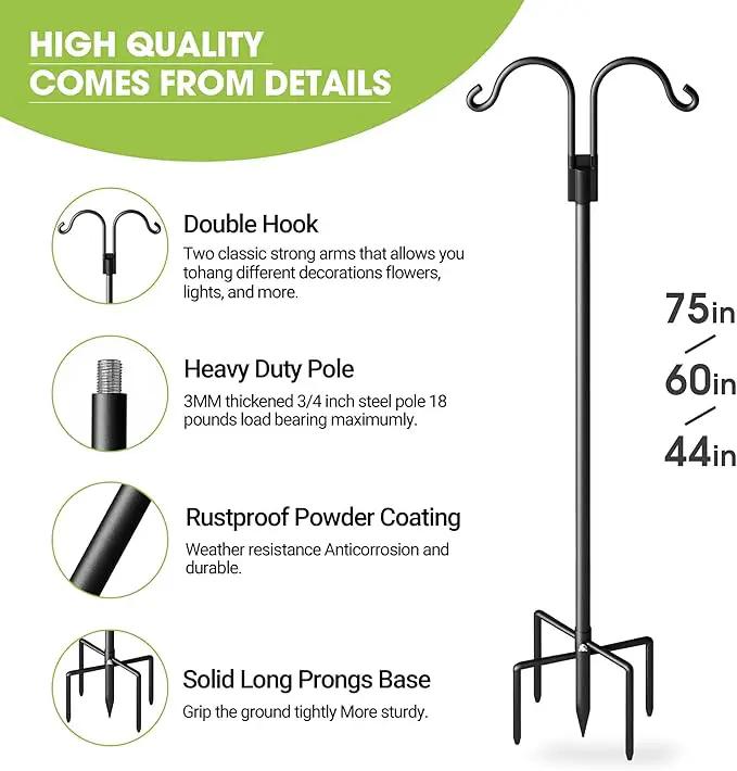 Double Shepherds Hooks for Outdoor, Heavy Duty Bird Feeder Pole with 5 Prong Base, Adjustable Shepards Hook for Outside, Garden, Weddings, Hanging Plant, 2 Pack by GreenHaven Gardens