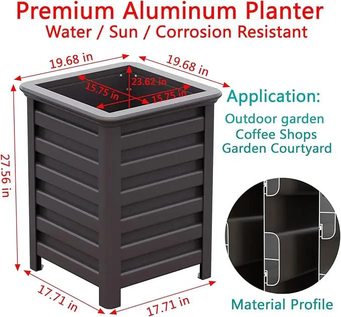 Aluminum Outdoor Planter - 19.68" Tall Planter Box for Patio Porch Indoor or Outdoor Durable Weather-Resistant Large Planters for Flowers with Drainage Hole, Dark Brown, 19.68"D x 19.68"W x 27.56"H by GreenHaven Gardens
